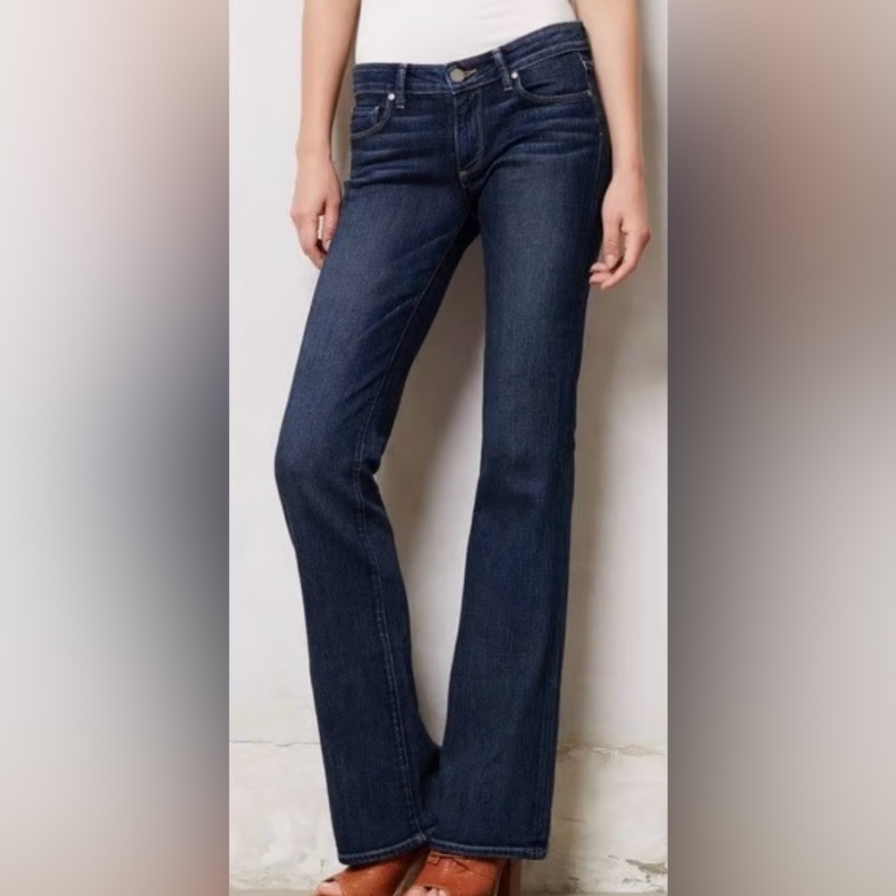 PAIGE Anthropologie Deep Dark Indigo Skyline Low Rise Bootcut Western Wide Jeans